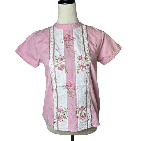 Somerset Bay Pink Embroidered Floral Blouse S | Lace Trim Girly Cottagecore Top - Picture 1 of 10